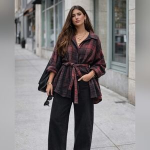 Free People You Wish Flannel Oversized Red Plaid Tie Waist Shirt Jacket Boho (M)